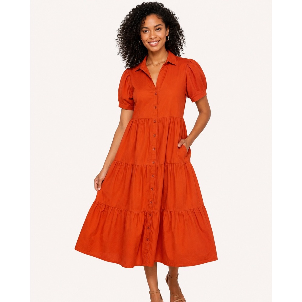 Calvin Klein Tomato Girl Cotton Tiered Midi Shirt Dress Puff Sleeve Orange Sz 4